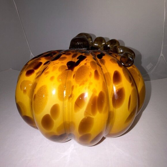 Unmarked Other - Hand Blown Orange Brown Glass Pumpkin Long Stem Autumn 9" X 7" Thanksgiving